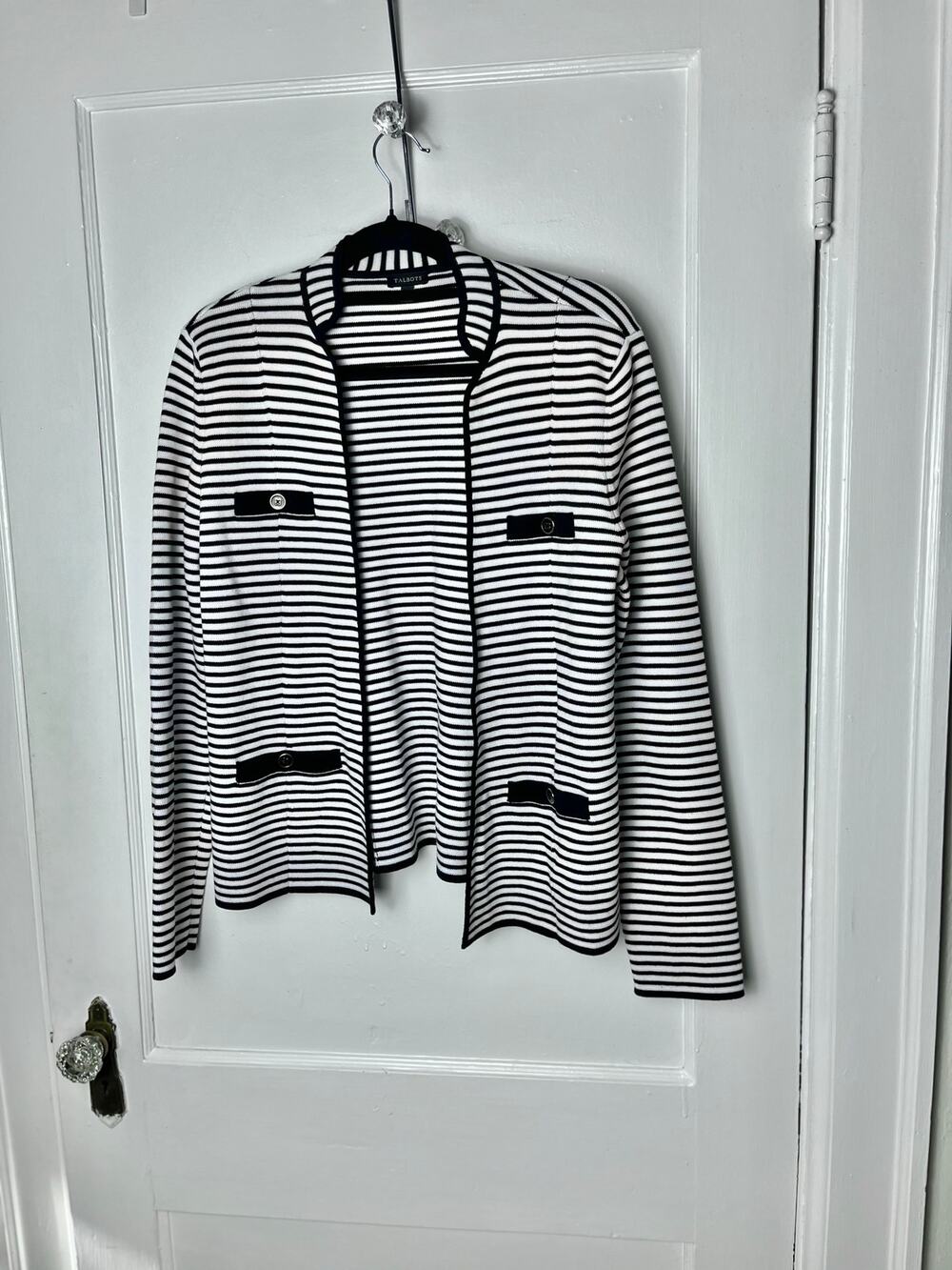 Talbots Cardigan M Black White Stripe Open Front Knit Jacket Preppy Career